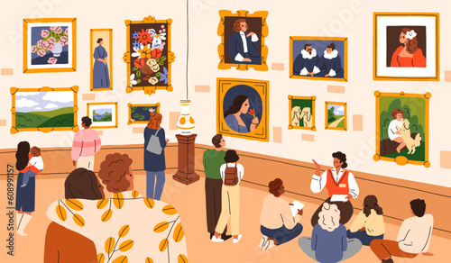 Visitors in fine art museum. People, children at exhibition in picture gallery. Tourists looking at traditional classic framed paintings, displayed exposition on walls. Flat vector illustration