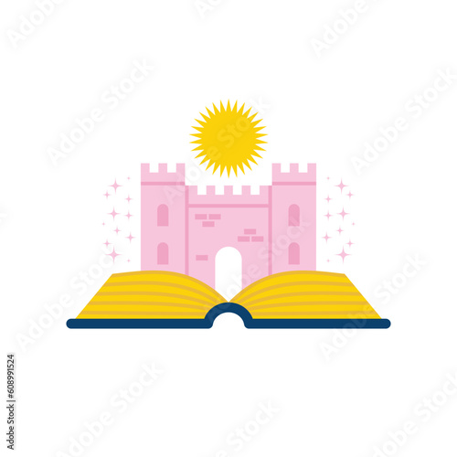 Book festival logo with an open book and castle. Vector Illustration.