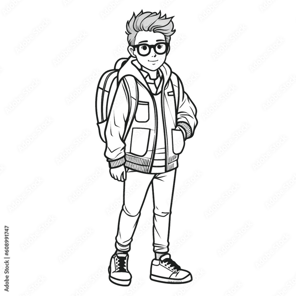 Cute and Crisp: Black and White Coloring Page of a School Boy for Kids Cute and Crisp: Black and White Coloring Page of a School Boy for Kids