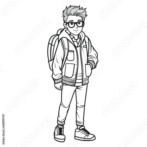 Cute and Crisp: Black and White Coloring Page of a School Boy for Kids