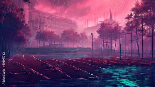 A soccer field adorned with intricate textures and enveloped in a hazy neon fog, specifically in the central area known as the midfield. Generative AI photo