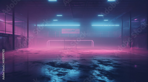 A soccer field adorned with intricate textures and enveloped in a hazy neon fog, specifically in the central area known as the midfield. Generative AI