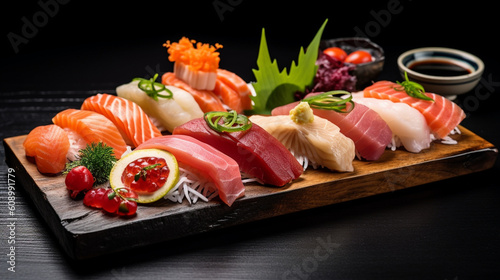 Assorted individually plated sushi and sashimi, presented as a Japanese culinary ensemble. Generative AI