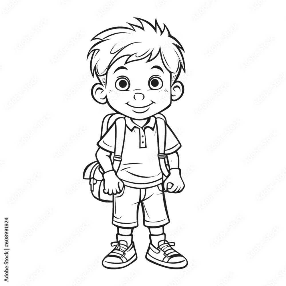 Cute and Crisp: Black and White Coloring Page of a School Boy for Kids Cute and Crisp: Black and White Coloring Page of a School Boy for Kids