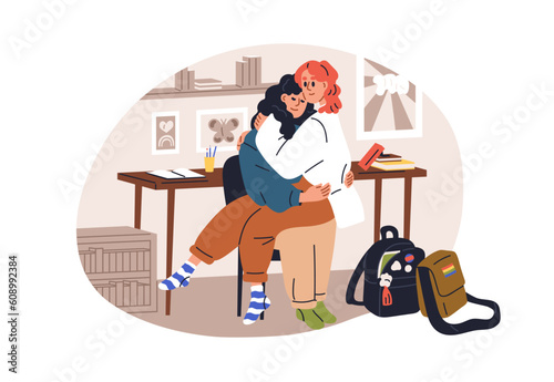 LGBT girls couple. Schoolgirls valentines in romantic relationships. Teenagers girlfriends in love at school classroom. Young teens hugging. Flat vector illustration isolated on white background