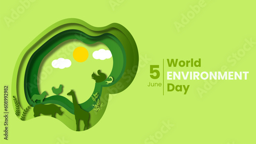 World Environment day Paper cut illustration design. Environment day, 05 June. animals and plants 
