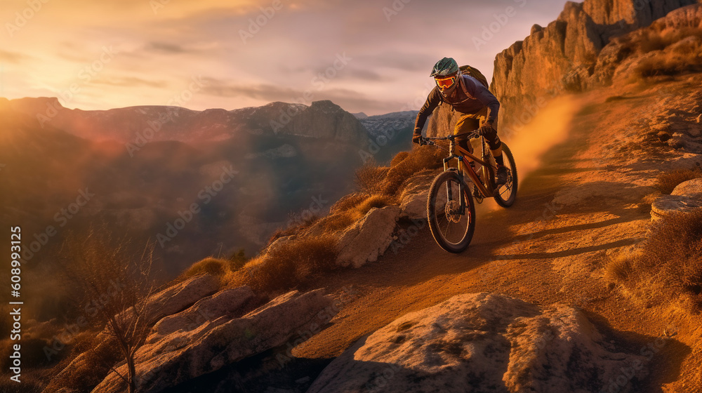 Fototapeta premium A mountain biker rides a mountain bike in the mountains.generative ai