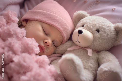 Sleeping baby in pink clothes and teddy bear, Generative AI