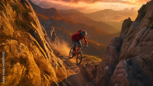 A mountain biker rides a mountain bike in the mountains.generative ai