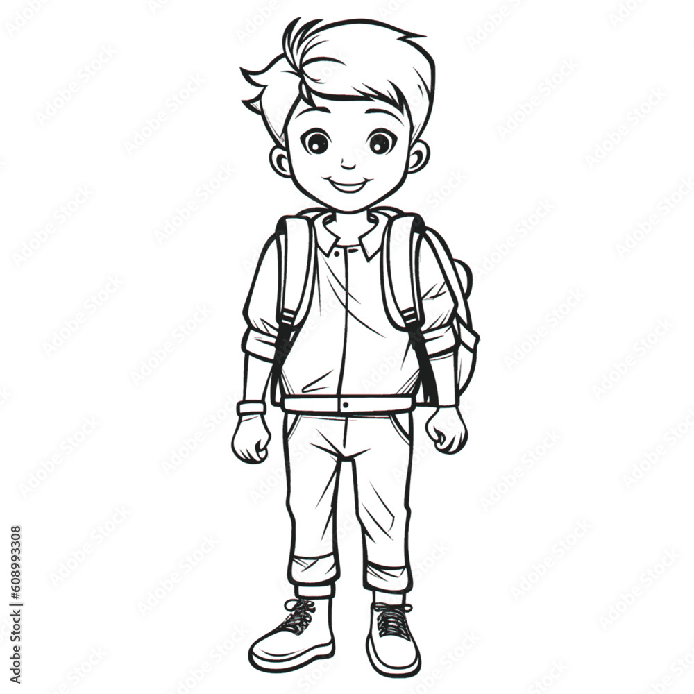 Handsome Outline Coloring Page: Full Body Shot of a School Boy for Kids Handsome Outline Coloring Page: Full Body Shot of a School Boy for Kids