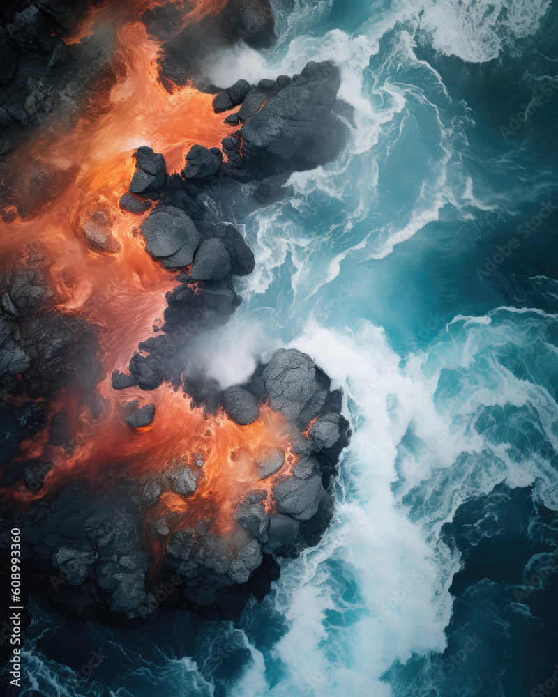 A volcanic island and a lava flow pouring into the sea. Bird's eye view. Created with Generative AI technology.