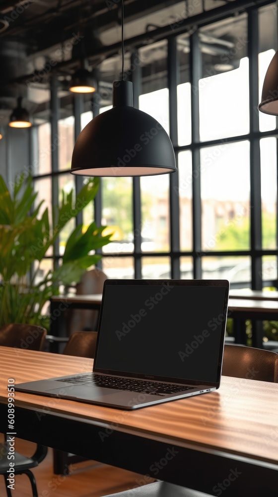 custom made wallpaper toronto digitalMockup of office desk with laptop, blank black laptop screen. Demonstration of website designs, presentations or templates. Generative AI