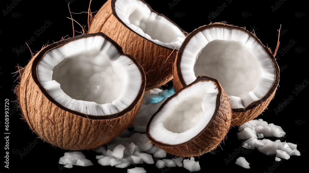Coconuts on a black background with a black background.generative ai Coconuts on a black background with a black background.generative ai
