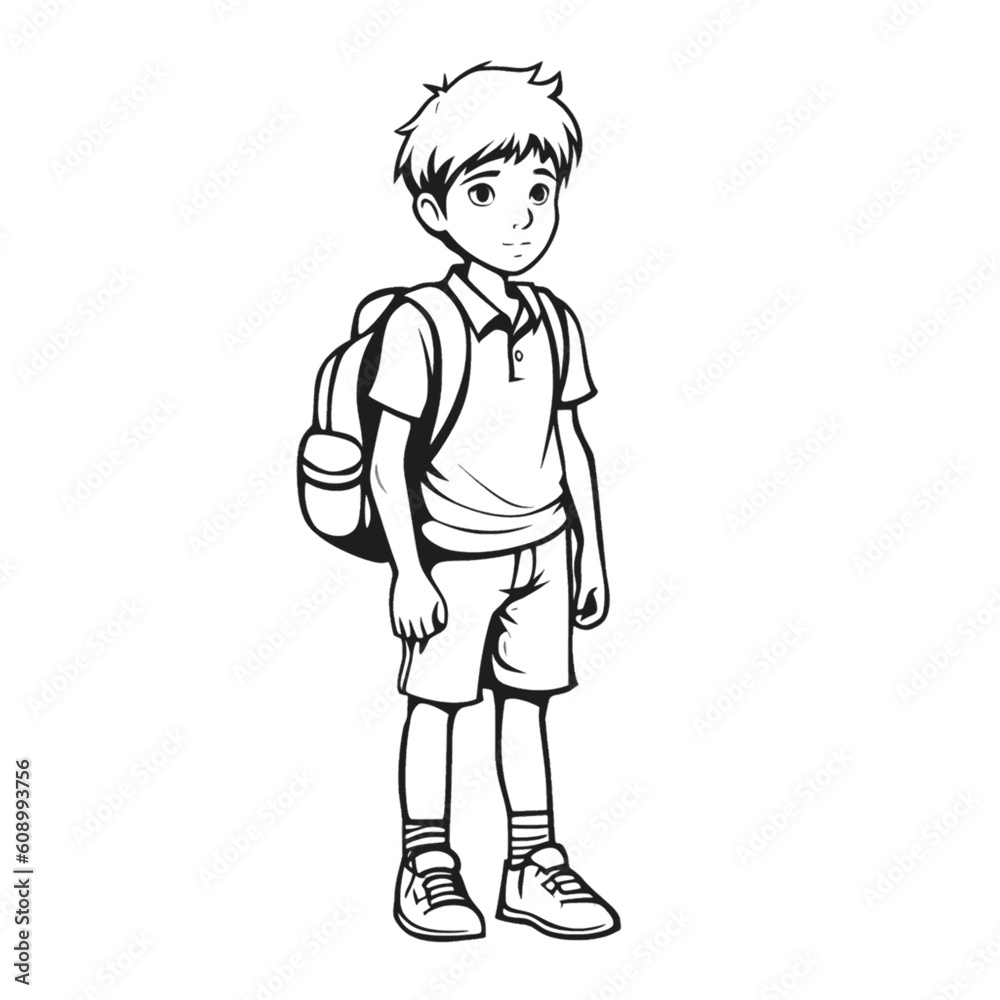 Fun Kids Coloring Page: Simple Black and White School Boy Illustration Fun Kids Coloring Page: Simple Black and White School Boy Illustration