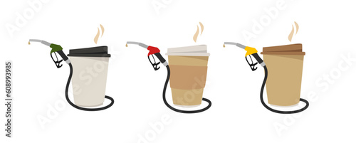 Set of paper cups with hot coffee and a gas gun. Advertising concept - we fill up with coffee. For cafes, gas stations. Simple flat vector graphics.