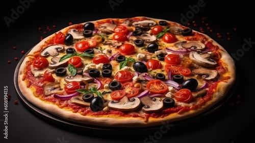 A pizza with mushrooms, olives, and mushrooms on a plate.generative ai
