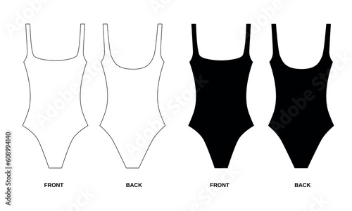 Set of fashion swimsuit patterns front and back view. A set of swimsuit patterns in white and black. Sketch of ladies swimwear patterns for designs. 