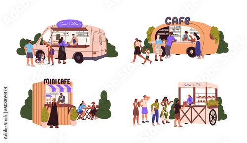 Street cafes, food trucks, mobile vans set. Buying coffee, ice-cream at outdoor cafeterias in caravans. Vendors selling at auto stalls. Flat graphic vector illustrations isolated on white background