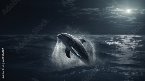 A dolphin jumping out of the water at night.generative ai