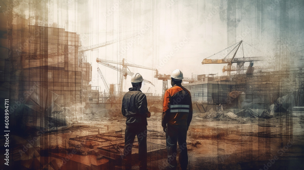 Three men in hard hats stand in front of a building with the words'construction'on it.generative ai Three men in hard hats stand in front of a building with the words'construction'on it.generative ai
