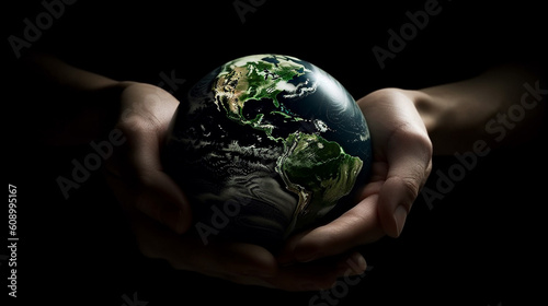Hands holding a globe with the word earth on it.generative ai