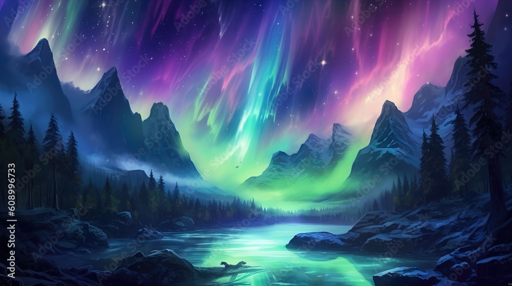 A magical landscape at night with green purple sky