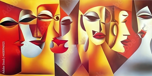 illustrazione generativa ai con maschere e volti iperrealistici e forme geometriche in una successione irregolare, arte astratta