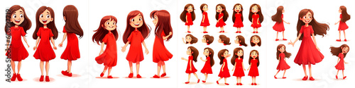 An illustration of a happy little girl with brown straight hair wearing a red dress and hazel eyes, done in a simple white style for a children's book illustration inspired by Gibili