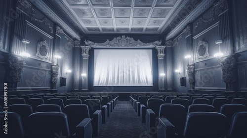 Empty cinema with white screen. Generative AI