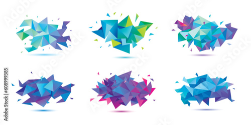 Vector set of abstract facet 3d shapes, geometric banners. Low poly triangle posters, polygon modern concept backgrounds.