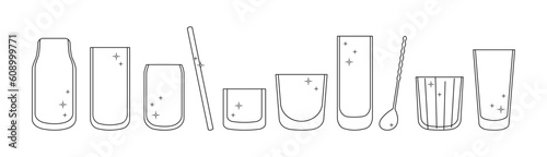 Glass and tumbler icon set. Abstract empty glassware, cocktail spoon and drinking straw. Reusable containers. Vector illustration isolated on white background