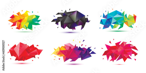 Vector set of abstract facet 3d shapes, geometric banners. Low poly triangle posters, polygon modern concept backgrounds.