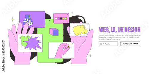 Website or mobile application design or redesign banner, landing page, advertisement. Ui ux working space. Studio or agency prototyping or coding web page or mobile app. Cms development.