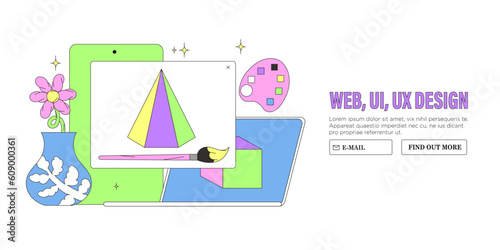 Website or mobile application design or redesign banner, landing page, advertisement. Ui ux working space. Studio or agency prototyping or coding web page or mobile app. Cms development.