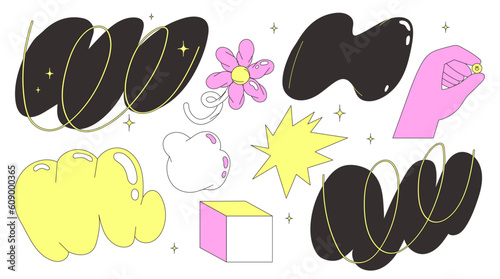 Abstract bubble and flower shapes sticker pack. Groovy funky flower, bubble, star, hand with emoji, cube in trendy retro 90s 00s cartoon style. Vector illustration with wavy and spiral elements.