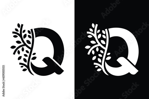 Letter Q alphabet and growing leaf with black and white color. Very suitable for symbol, logo, company name, brand name, personal name, icon, identity, business, marketing and many more.
