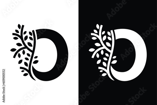 Letter O alphabet and growing leaf with black and white color. Very suitable for symbol, logo, company name, brand name, personal name, icon, identity, business, marketing and many more.