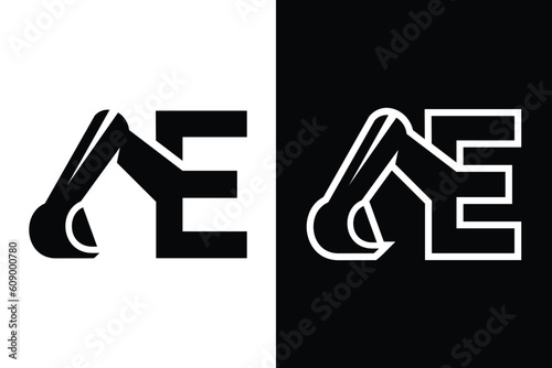 letter E with excavator concept black and white color, suitable for symbol, logo, company name, brand name, personal name, icon, identity and etc.