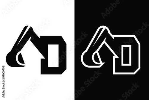 letter D with excavator concept black and white color, suitable for symbol, logo, company name, brand name, personal name, icon, identity and etc.