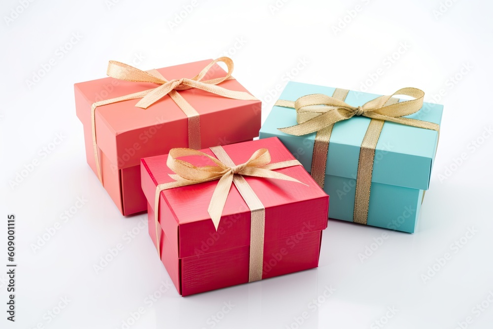 Fototapeta premium Three multi-colored gifts in boxes with bows on a white background. Generative ai.