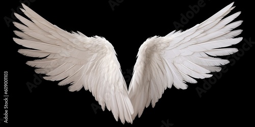 Two beautiful white wings for design on a black background. Generative ai.