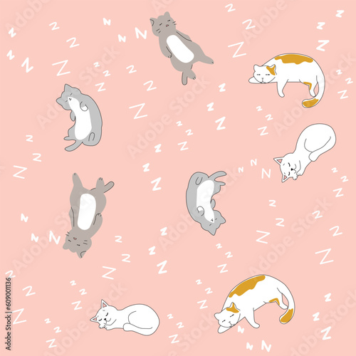 Cute and sleeping cats doodle vector set. Cartoon cat or kitten characters design collection with flat color in sleeping poses. Set of purebred pet animals isolated on pink background.