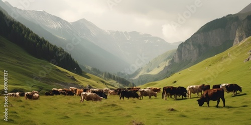 Cows graze on a high mountain pasture. Generative ai.