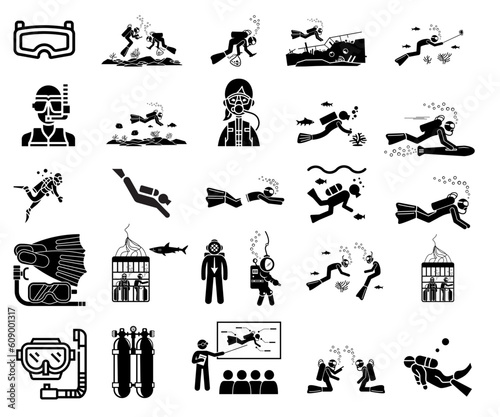 Scuba diving icon set. Included the icons as underwater, scuba diver, mask, fins, regulator, wetsuit and more.