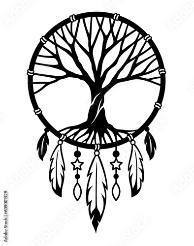 Dream catcher with tree of life inside. Tribal indian symbol. Ethnic vector illustration. Dreamcatchers silhouette. Boho style design