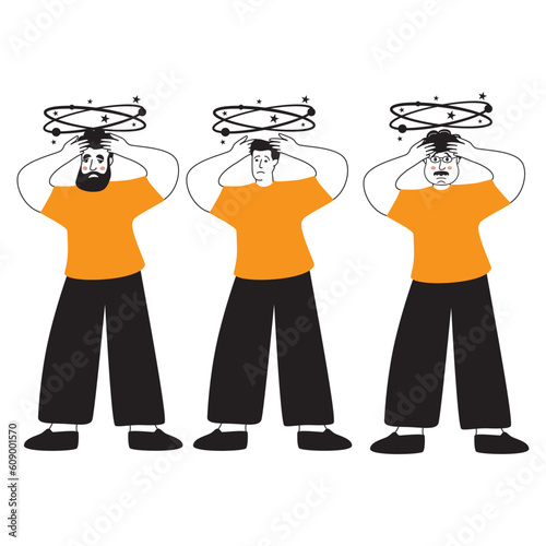 Young man with vertigo.Person holds his hands on head.Sick man having dizzy symptom.Doodle sketch style vector illustration. Isolated on white background.