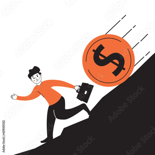 Money loss.Trader losing profits. Economic financial crisis and business failure.Bankruptcy and falling incomes.Downward currency money crisis.Dalling coin dollar.Currency depreciation dollar. photo