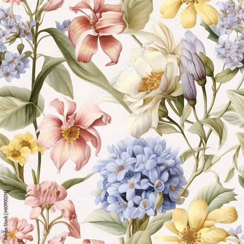 Vintage Flowers Seamless Pattern, Flower Wallpaper, Boho Flowers, Flower Pattern, made with generative AI  © SASINA N.