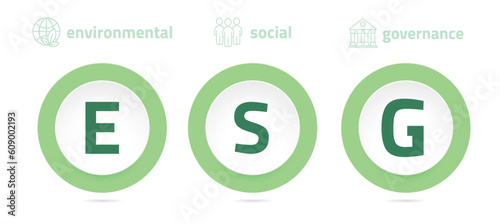 Environmental, Social and Corporate Governance. ESG concept. Banner with letters in circles. Eco-friendly infographic. Vector illustration