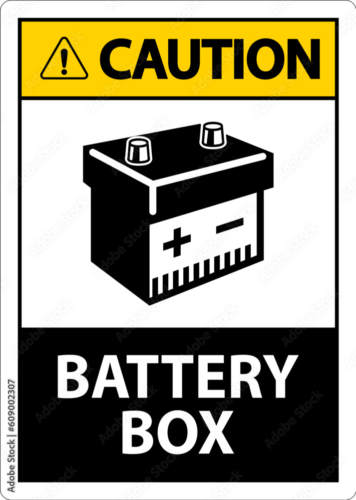 Caution Battery Box with Icon Sign On White Background